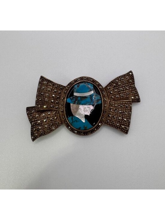 Jewelry - 925 TH Sterling Silver Turquoise Abalone MOP Onyx Inlay Marcasite Bow Brooch